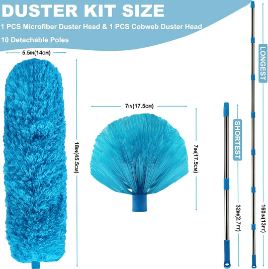 20+ Ft High Reach Ceiling Fan Duster & Cobweb & Corner Brush Duster with 3-13 ft Extension Pole, Microfiber Feather Duster with Washable Head for Ceiling Fan, Furniture, Home Cleaning