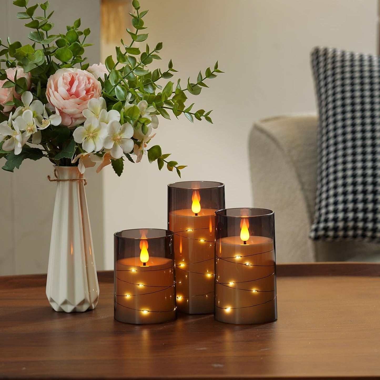 Amagic Red Flameless Candles 3 Set, Flickering Battery Operated Candles Embedded Fairy String Light, Realistic Pillar Candle with Remote Control and Timer, Acrylic, D3 x H4 5" 6"