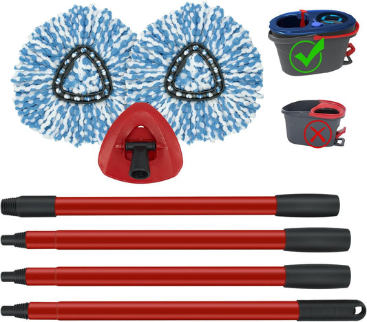 Mop Replace Heads Mop Handle and Base Replacement for O Cedar EasyWring 1-Tank Spin Mop System, 2 Microfiber Mops Refills, 4-Section Iron Mop Handle 30-58Inch and 1 Mopping Heads Cover Set (No Bucket)