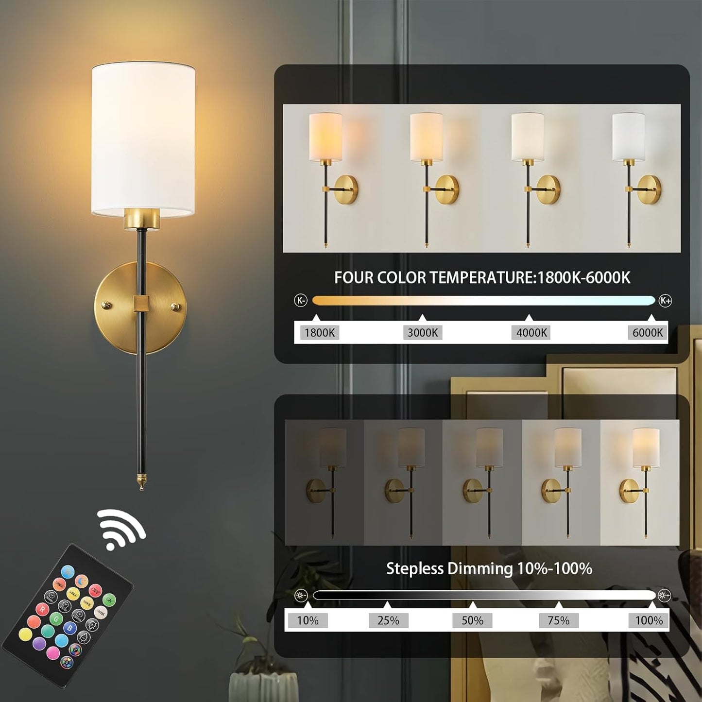 Battery Operated Wall Sconces Set of Two,Wireless Rechargeable Wall Light With Remote Control, Dimmable, Amber Light/Warm White/Natural White/Daylight/RGB, Timer,for Living Room,Bedroom,Entryway,Gold