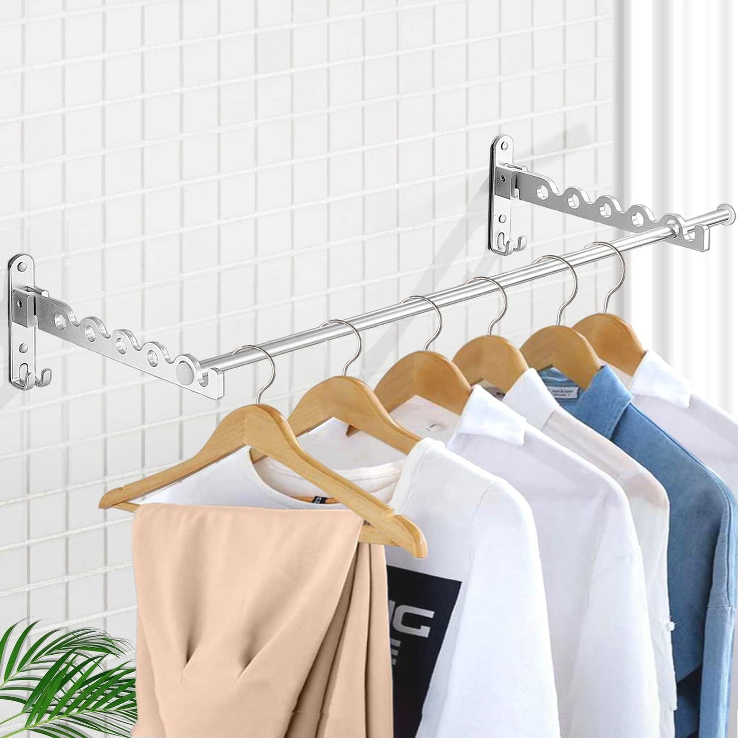 Clothes Drying Rack Wall Mounted Drying Racks for Laundry Room Organization and Storage Clothes Rack，Aluminum Dryer Rack with Two Drying Rods for Hanging Wet and Dry Clothes