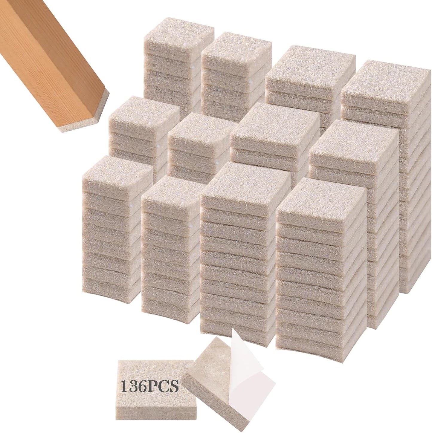 Fursafe&Q Felt Furniture Pads for Hardwood Floors - Self Adhesive Chair Felt Pad, Furniture Feet Floor Protectors, Furniture Sliders Protect from Nicks and dents, Anti Scratch 136 Pcs Beige Square