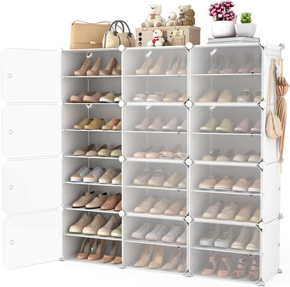 Portable Shoe Rack Organizer with Door, 96 Pairs Shoe Storage Cabinet Easy Assembly, Plastic Adjustable Shoe Storage Organizer Stackable Detachable Free Standing DIY Expandable 12 Tier Black