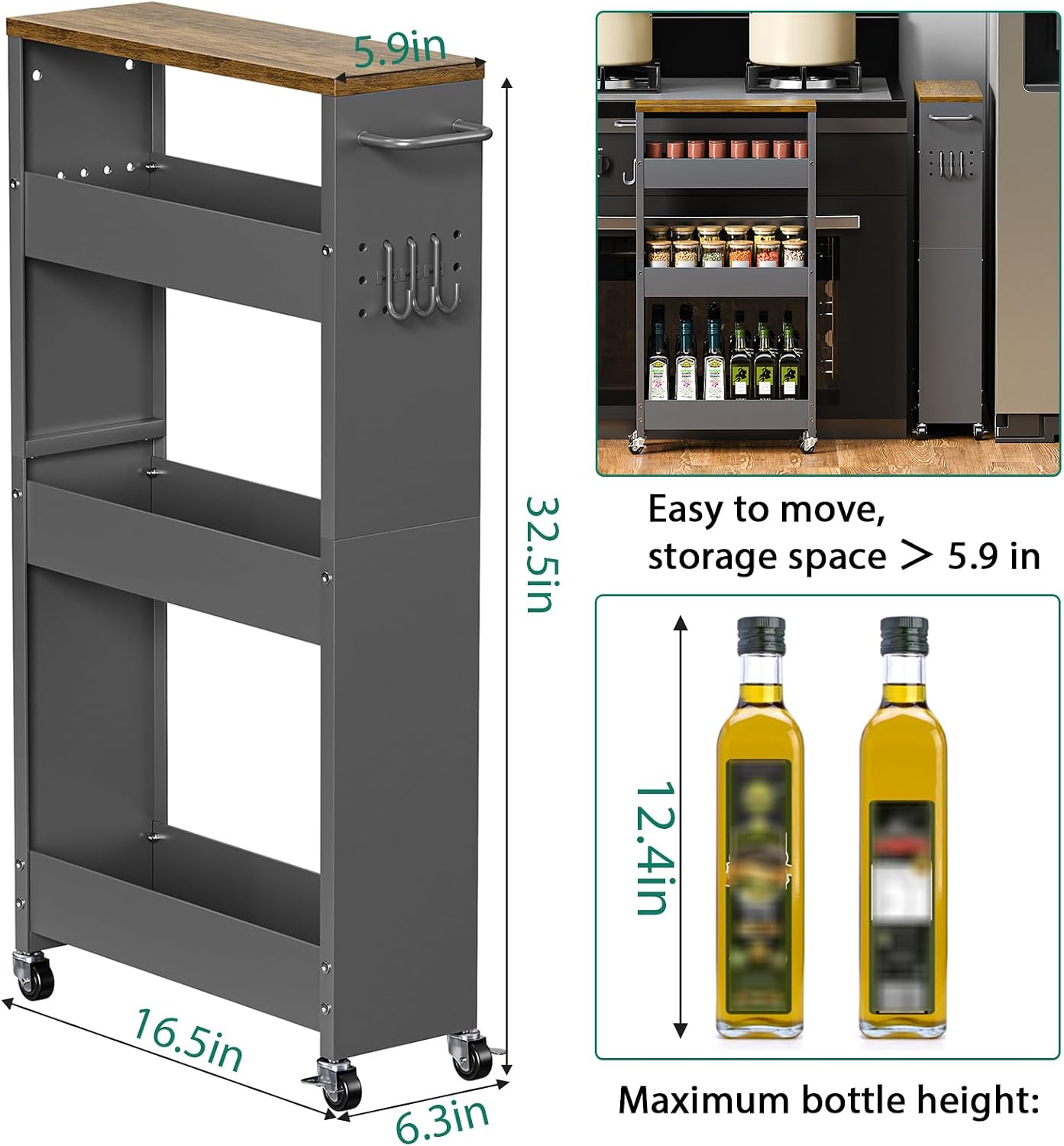 XYZLVSI Slim Storage Cart, Narrow Kitchen Rolling Cart for Small Spaces | 5.9" W skinny storage cart, 12.4" bottom metal utility cart with 360° swivel wheels for bathroom/laundry, slim shelf, white