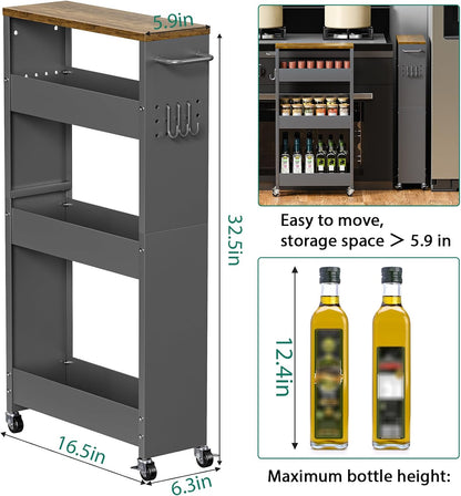 XYZLVSI Slim Storage Cart, Narrow Kitchen Rolling Cart for Small Spaces | 5.9" W skinny storage cart, 12.4" bottom metal utility cart with 360° swivel wheels for bathroom/laundry, slim shelf, white