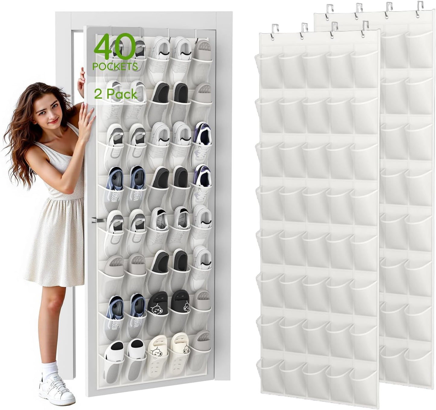 Over the Door Shoe Organizer with 40 Large Breathable Mesh Pockets, Space Saving Shoe Holder, Hanging Shoe Rack for Entryway Bedroom Closet Storage (White, 40 Pockets)