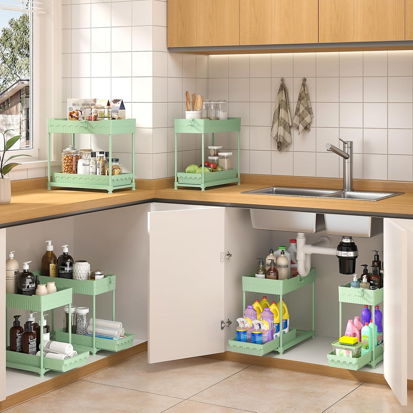 Sevenblue 3-Pack 2-Tier Under Sink Organizers with Sliding Drawers | Multi-use kitchen & bathroom storage, 12.8 inch black cabinet organizer, space-saving sliding drawer design.