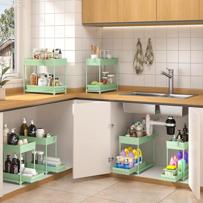 Sevenblue 3-Pack 2-Tier Under Sink Organizers with Sliding Drawers | Multi-use kitchen & bathroom storage, 12.8 inch black cabinet organizer, space-saving sliding drawer design.