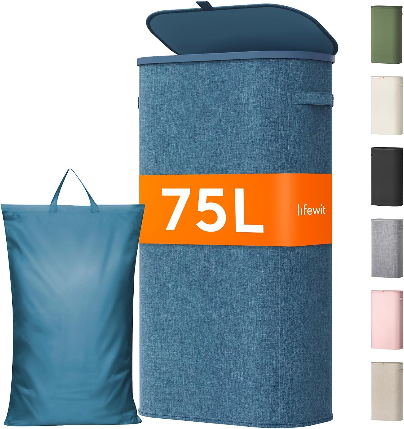 Lifewit Slim Laundry Basket with Lid, Narrow Laundry Hamper with Plastic Handles and Removable Bag, Tall Foldable Dirty Clothes Hampers for Laundry Room, Bedroom, Bathroom, Dorm, 65L Beige