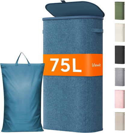 Lifewit Slim Laundry Basket with Lid, Narrow Laundry Hamper with Plastic Handles and Removable Bag, Tall Foldable Dirty Clothes Hampers for Laundry Room, Bedroom, Bathroom, Dorm, 65L Beige