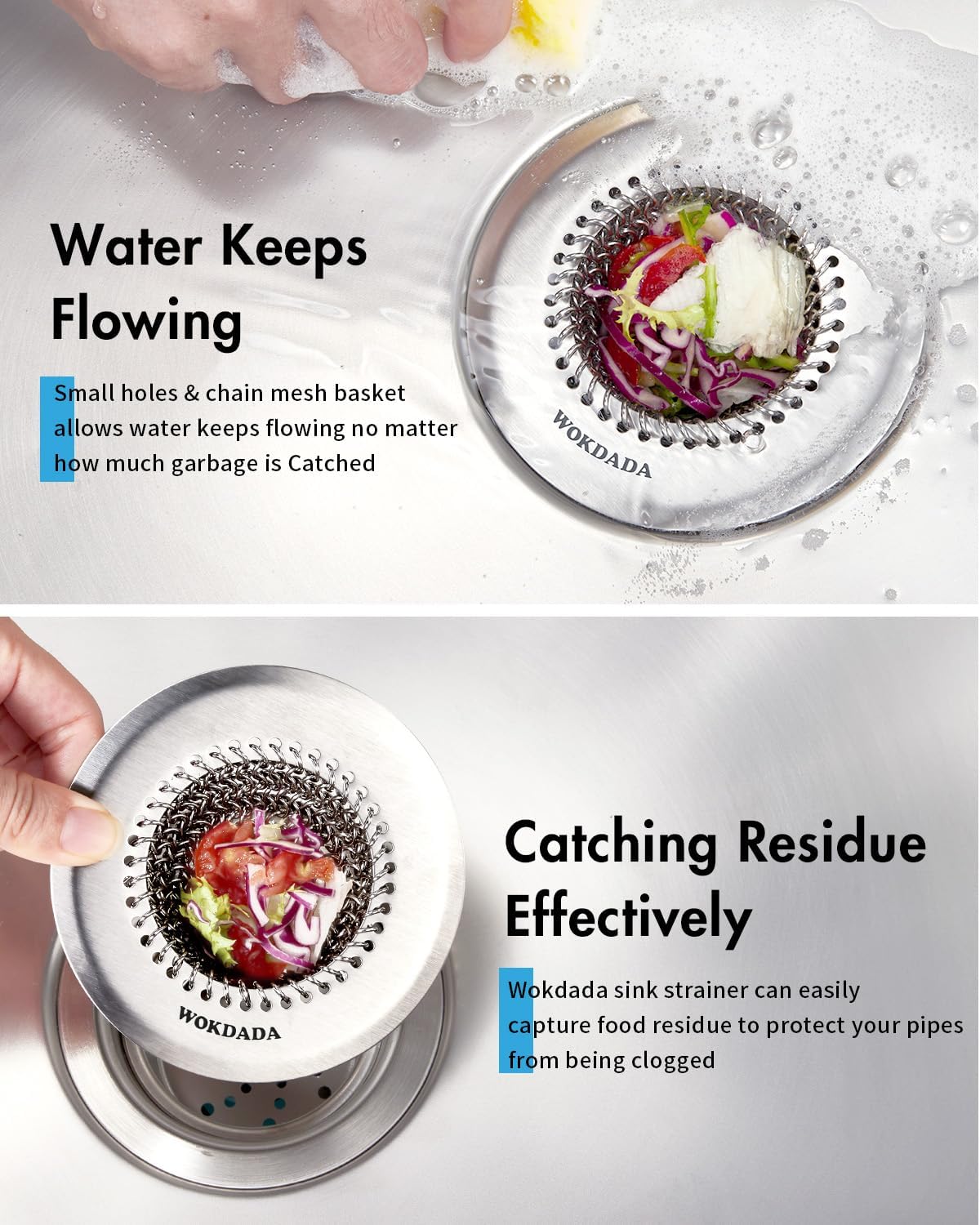 WOKDADA Upgraded Sink Drain Strainer, Patented Reversible Chain Mail Mesh | Anti-Slip Ring, Fast Drainage, Reversible Flip Clean, Rust-Proof, Universal 4.4-Inch, Large Capacity, Garbage Disposal Fit