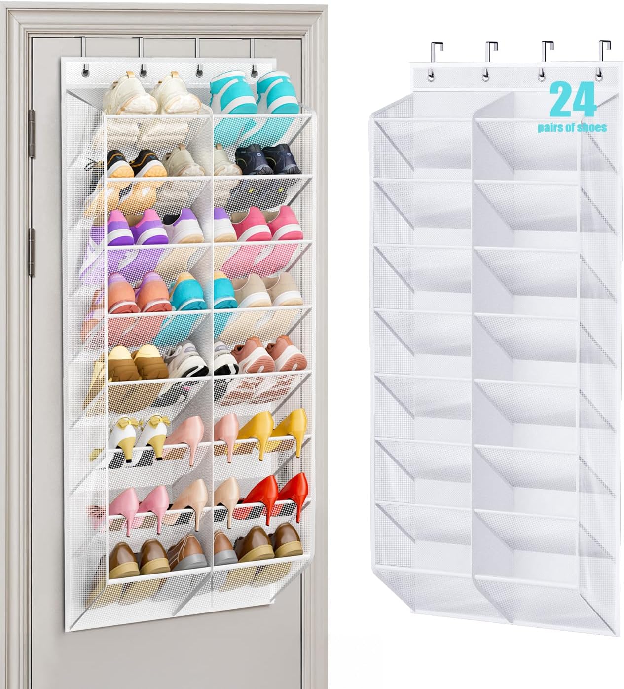 MISSLO 30 Pairs Over the Door Shoe Organizer Breathable Mesh Hanging Shoe Rack for Closet Storage with Wide Deep Pockets 10 Tier Shoes Holder Fit All the Family's Sneakers, Boots, Heels (White, 71")