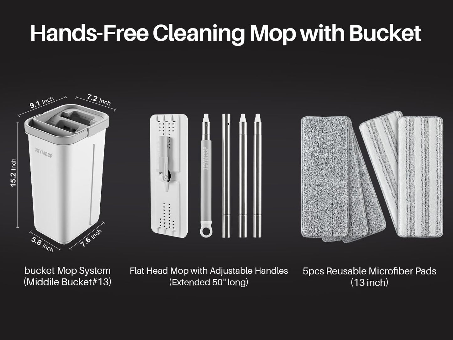 JOYMOOP Mop and Bucket Set, Flat Mops for Floor & Wall Cleaning, Commercial & Household Use, Hardwood Floor Mop with Long Handle & 4 Microfiber Pads