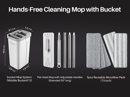 JOYMOOP Mop and Bucket Set, Flat Mops for Floor & Wall Cleaning, Commercial & Household Use, Hardwood Floor Mop with Long Handle & 4 Microfiber Pads
