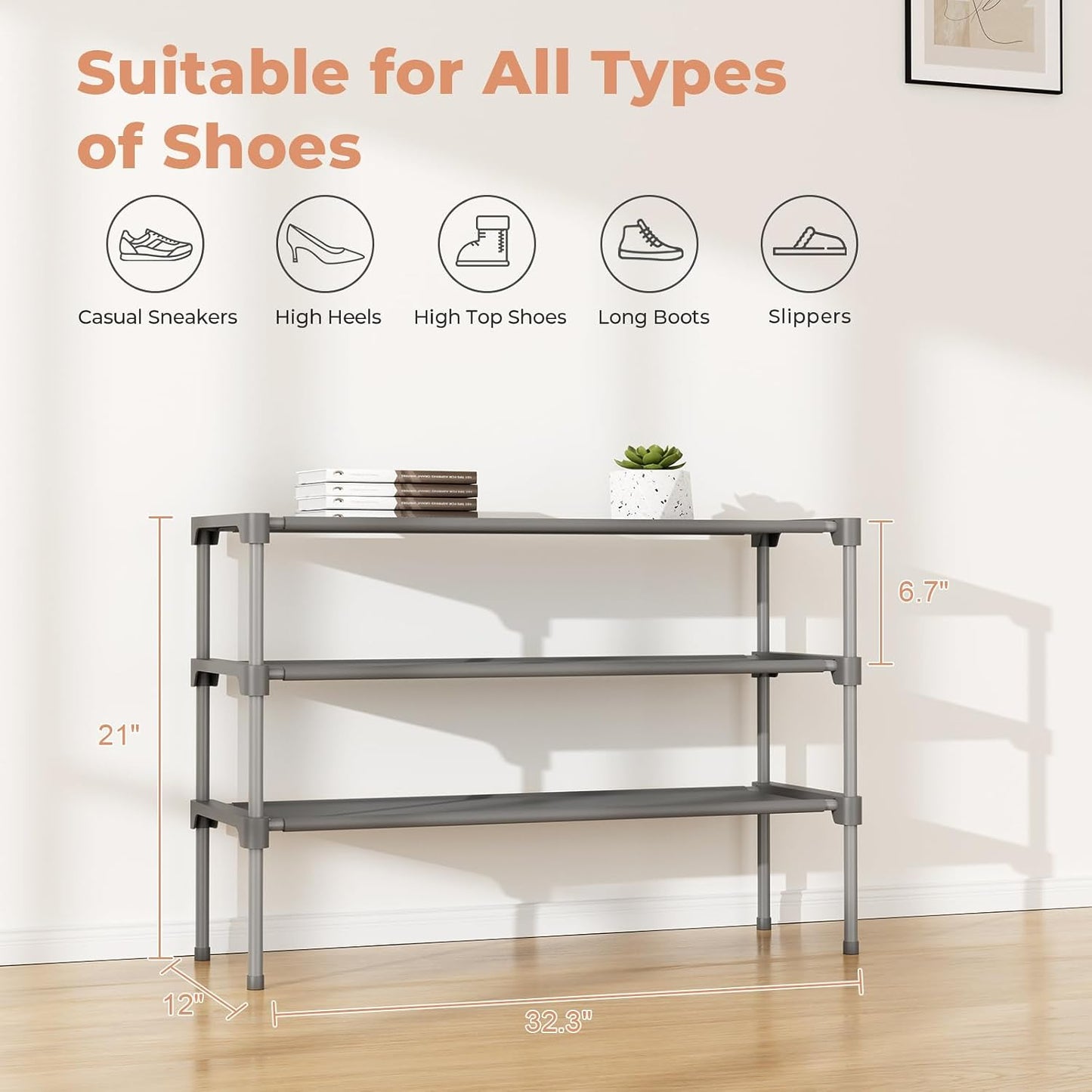 32.3" Widening Design Shoe Rack for Closet 16 Pairs Small Spaces Non-Woven 3 Tier Shoe Organizer Stackable Metal Shoe Shelf for Entryway, Bedroom
