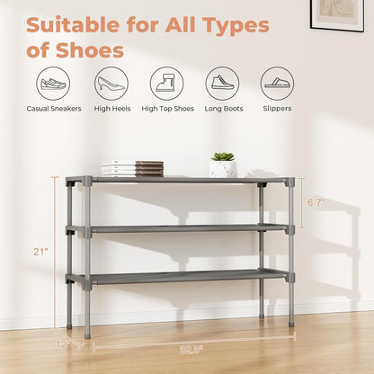 32.3" Widening Design Shoe Rack for Closet 16 Pairs Small Spaces Non-Woven 3 Tier Shoe Organizer Stackable Metal Shoe Shelf for Entryway, Bedroom