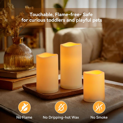 Raycare Outdoor Waterproof Flameless Candles, Battery Operated LED Electric Candles with Remote and Timers, Fake Pillar Candle for Patio, Porch, and Wedding Decor, Ivory, Set of 3(3"x4" 5" 6")