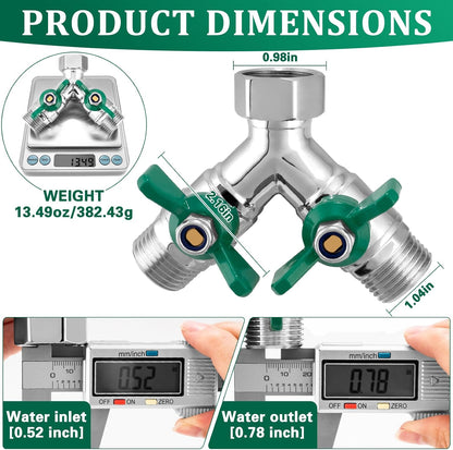 Garden Hose Splitter 2 Way, Heavy Duty Brass Hose Splitter, 3/4" GHT Hose Y Splitter with Shutoff, Full Flow Outdoor Faucet Splitter, Water Hose Y Valve Tap Adapter