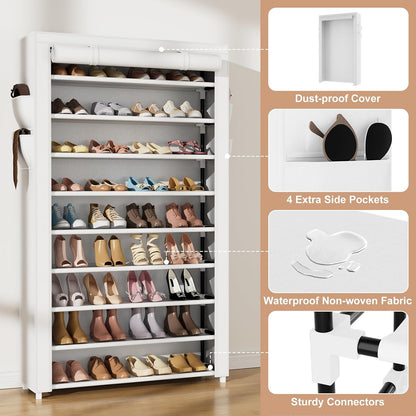VILICK Shoe Rack with Cover Narrow Shoe Organizer with 4 Side Pockets 10 Tier Tall Shoe Storage Holds 18-22 Pairs Shoes and Boots Shoe Rack for Closet Entryway Garage