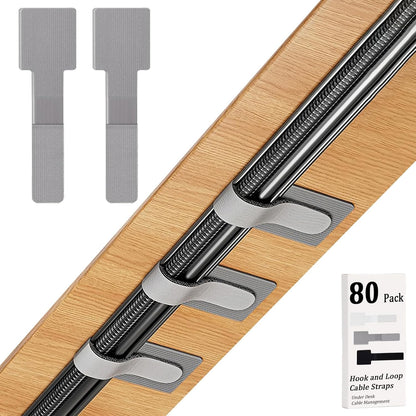 80PCS Hook and Loop Cable Straps, Cable Management Under Desk, Adhesive Cable Ties, Reusable Wire Organizers for Cords, Cords Management, Computer Accessories for Desk, Home Office Essentials, Gray