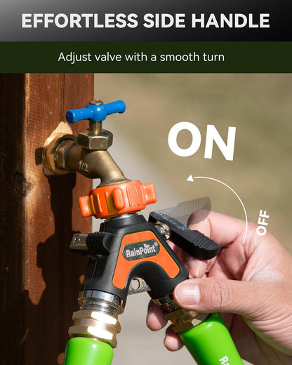 RAINPOINT Garden Hose Splitter 2 Way, All Metal Heavy Duty Water Hose Y Splitter With 2.05" Extra Long Side Handle & Shut Off Valves, 3/4 Inch GHT Thread Connector For Outdoor Spigot Faucet (Green)
