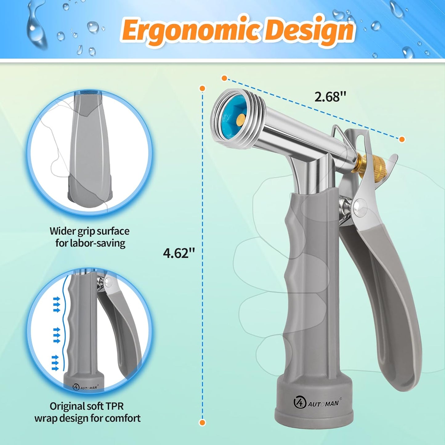 AUTOMAN Full Size Garden Hose Nozzle 2 Pack, High Pressure Pistol Grip Water Nozzle Sprayer with Threaded Front, Adjustable Spray Water Flow for Washing Car, Cleaning Ground, Watering Plants