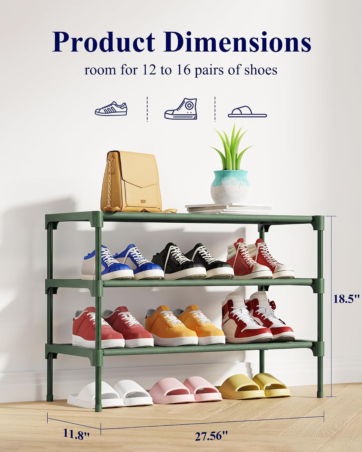 Kitsure Shoe Rack - Non-Woven Shoe Rack Shelf, Shoe Organizer for Closet, Entryway, Garage & Corridor, Stackable Shoe Shelves, 27.5" Wide - 3 Tier, Black