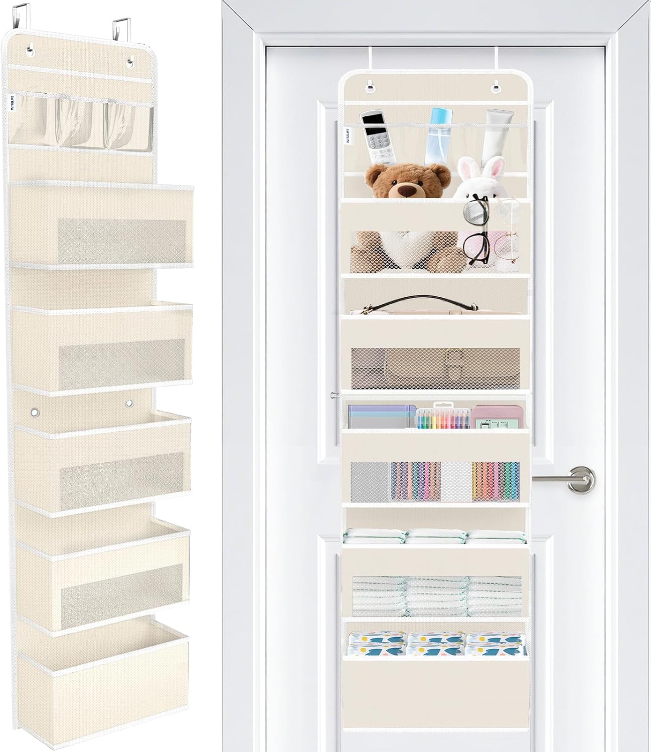 WISELIFE Over The Door Organizer Storage 4 Shelves Large Capacity Hanging Bedroom Storage Solution with 6 Side Pockets for Dorm Bathroom Pantry Nursery and Baby Essentials Holds up to 40 Lbs (Black)