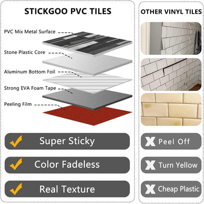 STICKGOO 20 Sheets Peel and Stick Backsplash Tile, Stick on Backsplash for Kitchen and Bathroom, White Sandstone Look PVC Mixed Metal Gold Self Adhesive Wall Tiles