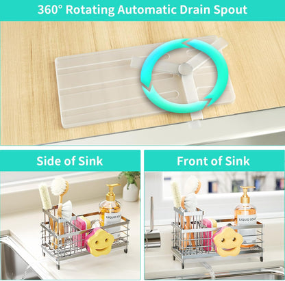 HapiRm Sponge Holder for Kitchen Sink - Self-draining Sink Caddy with Brush and Dishcloth Holders, Stainless Steel Kitchen Countertop Organizers and Storage Essentials - Black