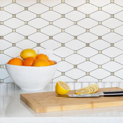 STICKGOO 10 Sheets Peel and Stick Backsplash, Polished Dolomite PVC Mixed Metal Gold Kitchen Backsplash, Stick on Backsplash Wall Tiles for Kitchen, Bathroom, RV
