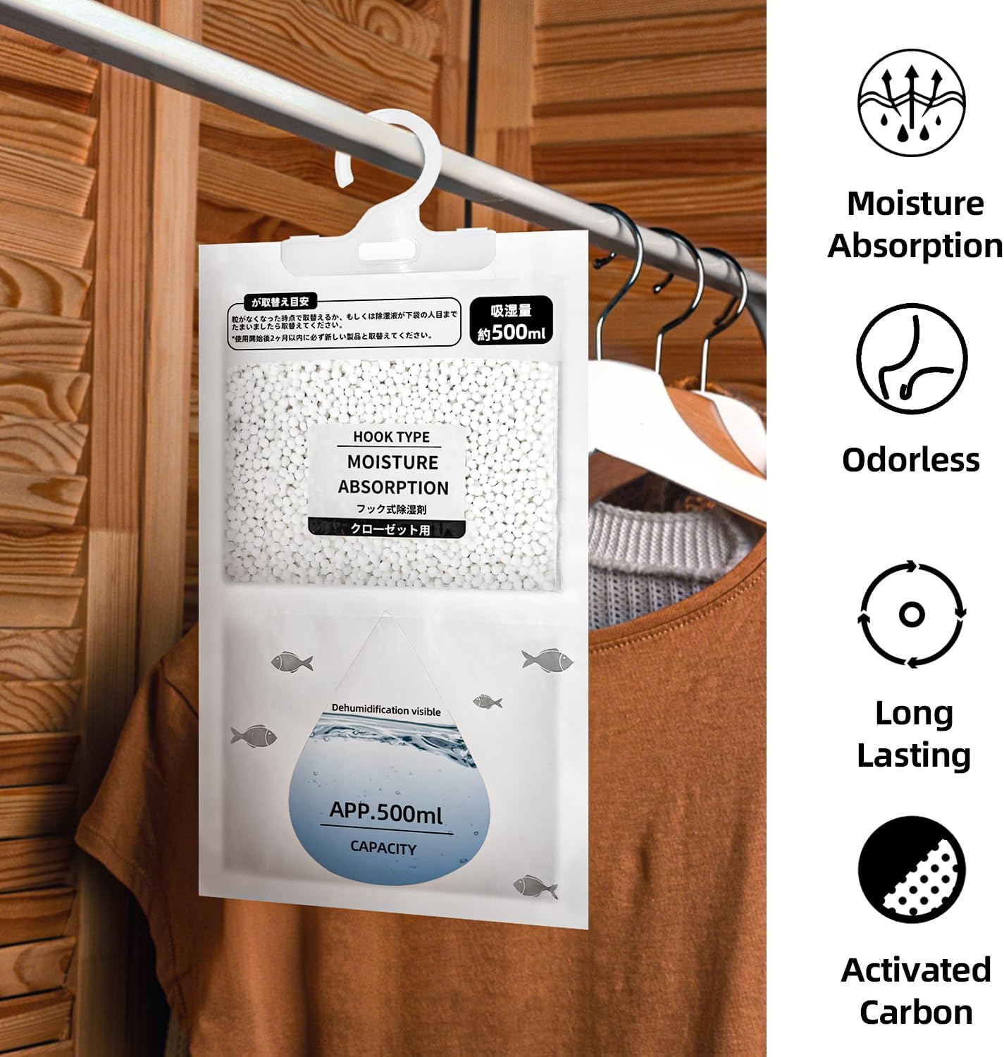 Hanging Moisture Absorbers, Portable Dehumidifier Bags.Fragrance Free Humidity Absorber for Closet, Suitable forBedroom, Bathroom, Kitchen