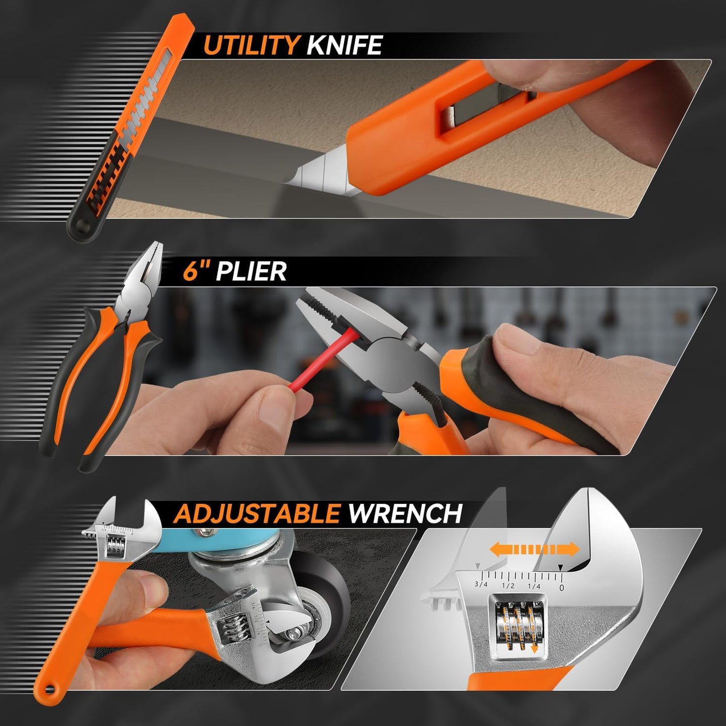 Auto Dynasty Tool Kit for Home 16-Pieces, Basic Household Hand Tool Sets with Hex Key Screwdriver and Adjustable Wrench, All in One Storage Bag for Garage, Home Maintenance, Auto Repair (Orange)