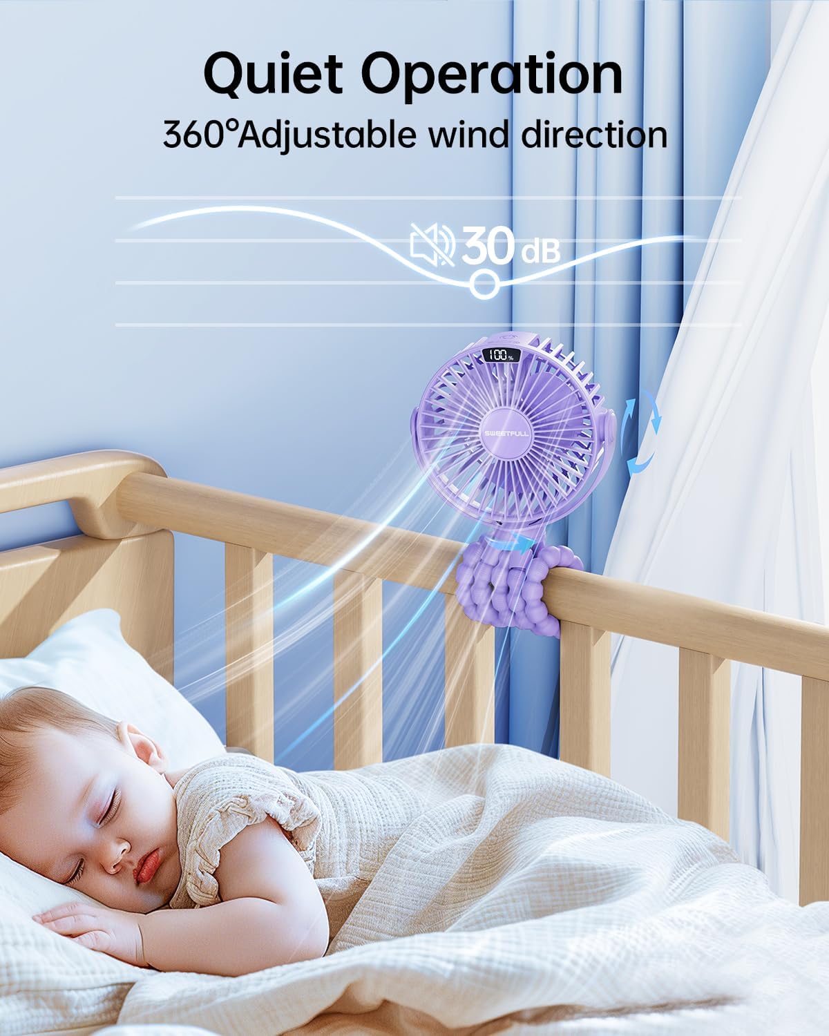 SWEETFULL [2026 Upgrade Portable Stroller Fan with LED Display, 4 Speed Rechargeable Mini Clip On Fan, 360° Rotate Flexible Tripod Better Cooling Small Baby Fan for Car Seat Crib Travel Treadmill