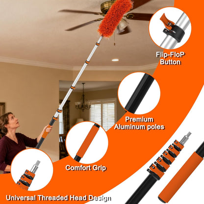 30FT Reach Duster Kit, Window Cleaning with 5-24FT Telescoping Extension Pole, High Ceiling Duster, Microfiber Feather Duster, Cobweb Duster, Window Squeegee, Feather Duster, Extendable Pole Kit