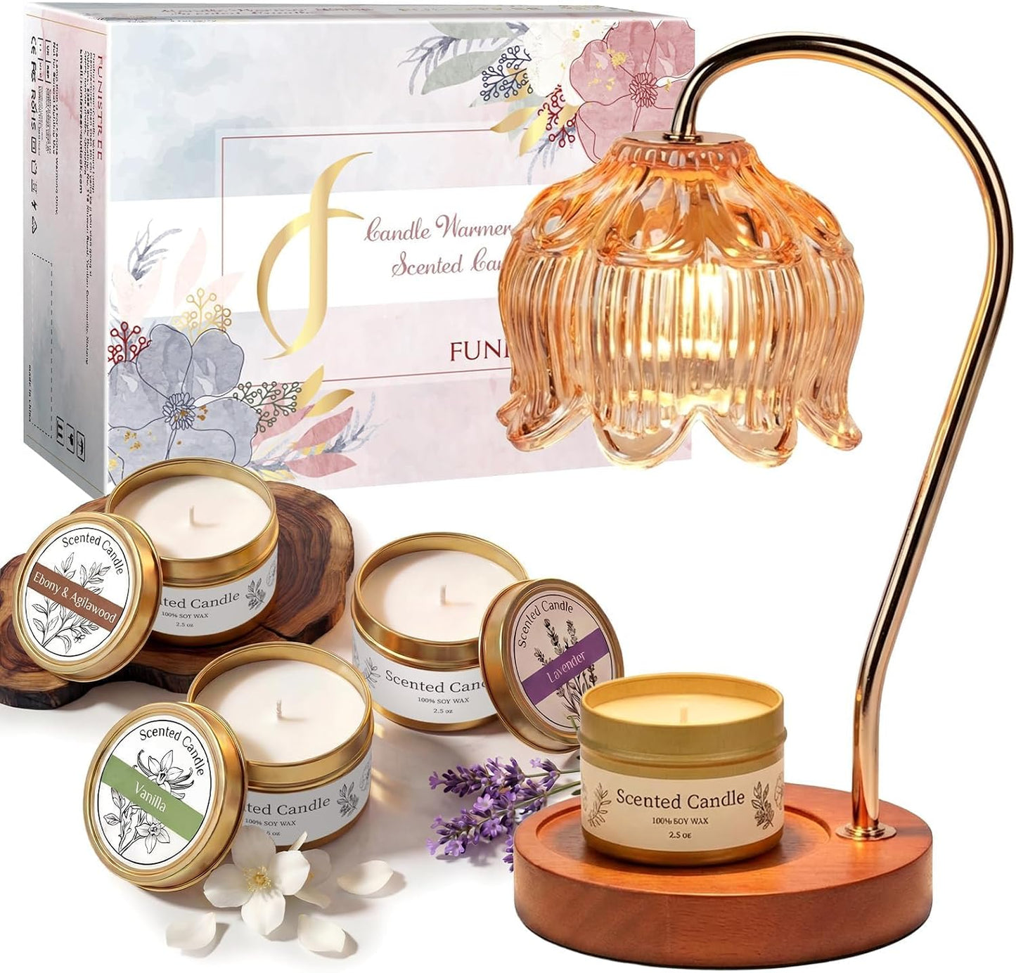 Funistree Flower Candle Warmer Lamp with Timer & Dimmer, Adjustable Height Candle Warmer, Christmas Birthday Gifts for Women Mom, House Warming New Home Decor, Wax Warmer with 2 Bulbs for Jar Candles