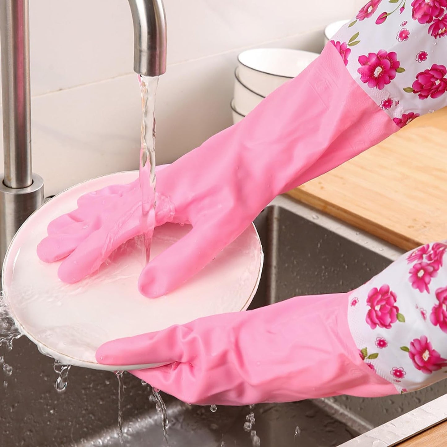 3 Pairs Dishwashing Cleaning Gloves, Reusable Kitchen Long Rubber Gloves with Cotton Lined, Waterproof Non-Slip Latex-Free Household Glove for Laundry Cleaning Working Gardening (Flower)
