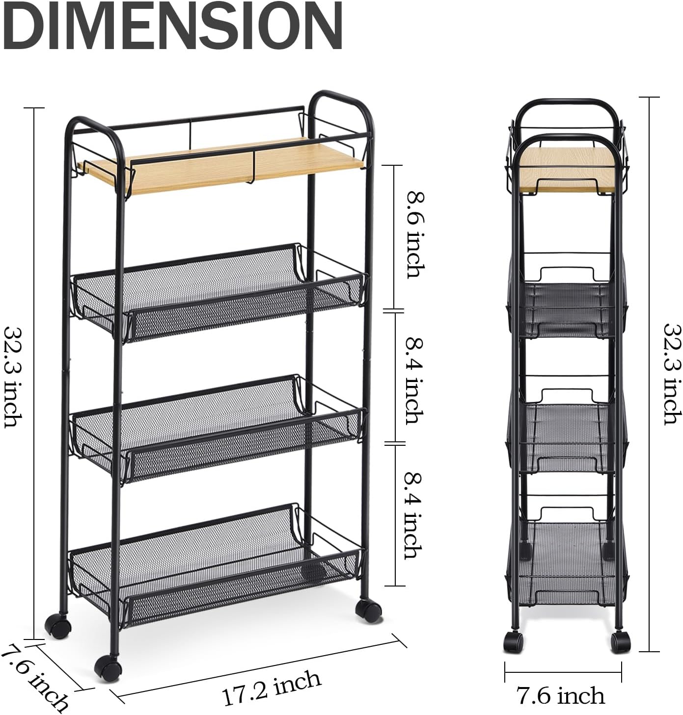 KINGRACK 4-Tier Slim Rolling Cart with Wooden Tabletop, Easy Assemble Metal Utility Cart, Slide Out Narrow Storage Cart for Narrow Space on Bedroom Bathroom Laundry Room Apartments Dormitory, Pink