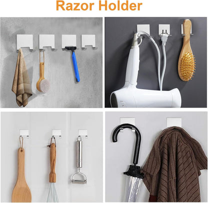 MOROBOR 4 Pcs Shower Squeegee Adhesive Hook, All-Purpose Scraper Holders Towel Hooks Stainless Steel Waterproof Storage Hook Bath Accessories for Kitchen & Bathroom（Silver）