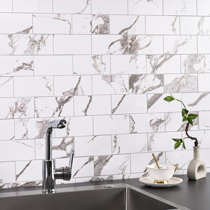 StyloVue 100 Pieces Peel and Stick Backsplash for Kitchen, 3" x 6" PVC Subway Tile, Glossy White with Dark Gray Grout, Self Adhesive Stick on Wall Tiles for Kitchen, Bathroom, Fireplace, RV