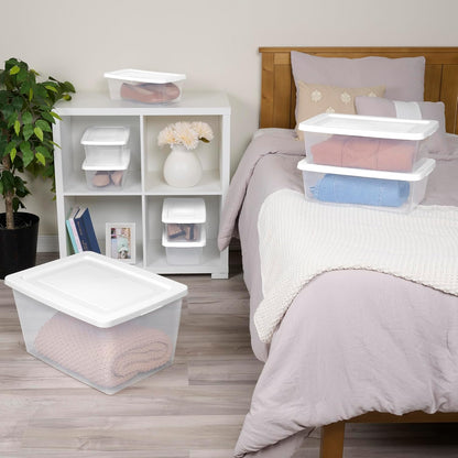 Sterilite 6 Pack Storage Box, 41 Quart Stackable Tote, Clear Plastic Container with Secure Snapping White Lids for Home and Office Organization