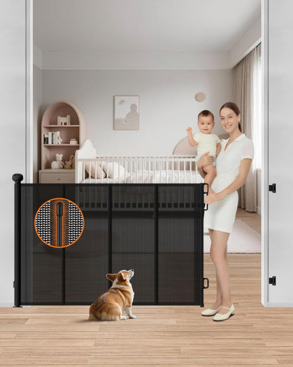 Retractable Baby Gate, 55" Wide Reinforced Mesh Baby Gate with 4 Fiberglass Support Rods for a Tighter Fit, 34" Tall Retractable Dog Gate for Stairways, Hallways and Doorways, Black