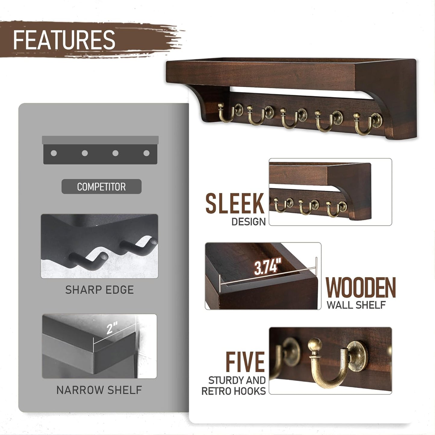 Rebee Vision Farmhouse Key Holder for Wall - Decorative Wooden Mail Organizer with 5 Rustic Key Hooks and Floating Shelf for Home Decor, Hallway, Entryway, Appartment (Retro Brown)