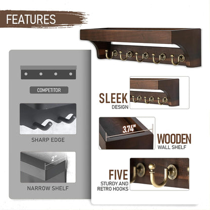 Rebee Vision Farmhouse Key Holder for Wall - Decorative Wooden Mail Organizer with 5 Rustic Key Hooks and Floating Shelf for Home Decor, Hallway, Entryway, Appartment (Retro Brown)
