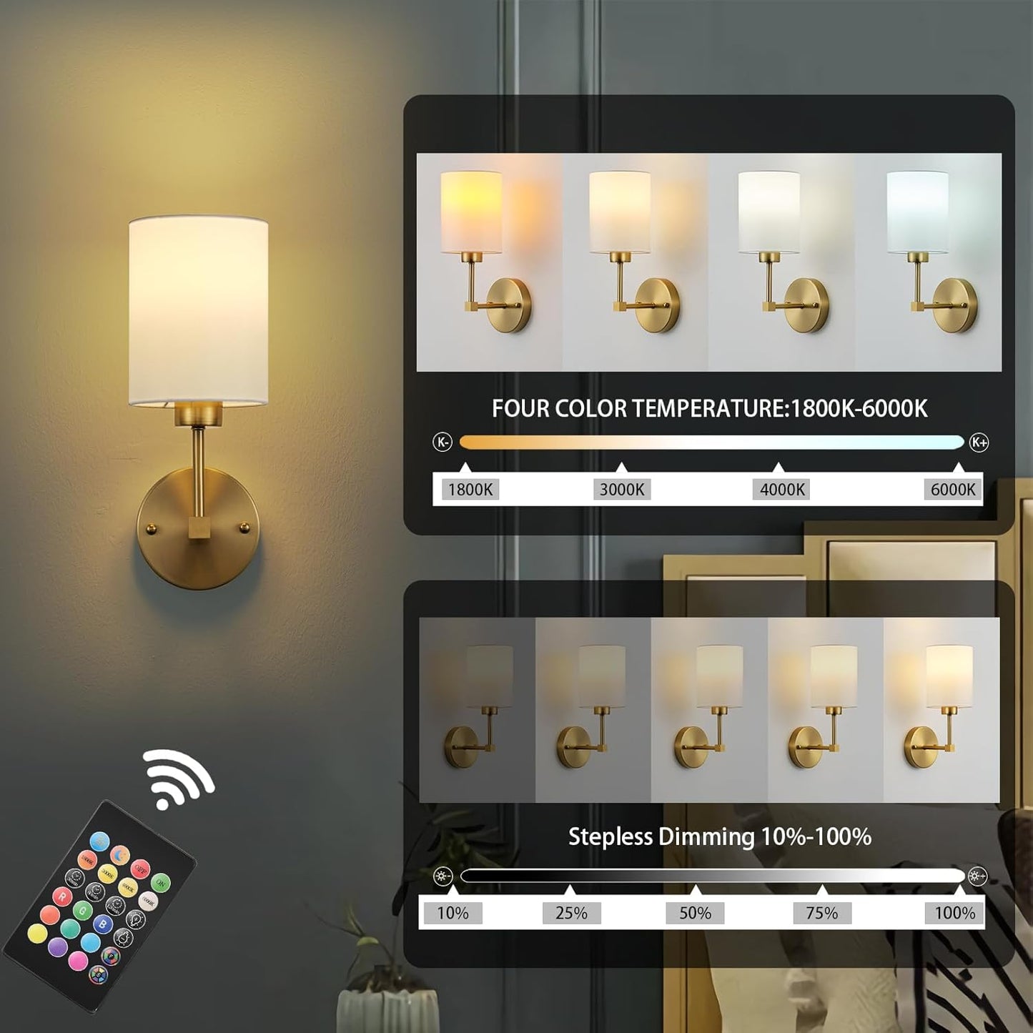 Battery Operated Wall Sconces Set of Two,Wireless Rechargeable Wall Light With Remote Control, Dimmable, Amber Light/Warm White/Natural White/Daylight/RGB, Timer,for Living Room,Bedroom,Entryway,Gold