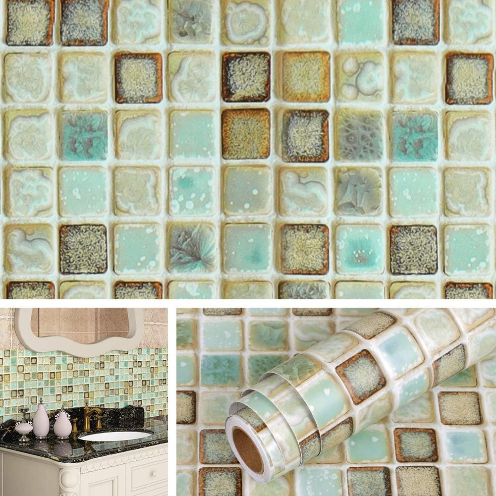 Livelynine Waterproof Wallpaper for Bathroom Shower Wall Decorative Contact Paper Self Adhesive for Furniture Stickers Kitchen Backsplash Tiles Peel and Stick Counter Removable Blue Mosaic 15.8"x78.8"