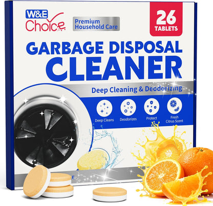 W&E Choice Garbage Disposal Cleaner and Deodorizer Tablets - 26 Pack, Powerful XL Foaming Tablets, Citrus Scent Sink Cleaner and Deodorizer, Septic Safe Kitchen Cleaning Care, 1-Year Supply