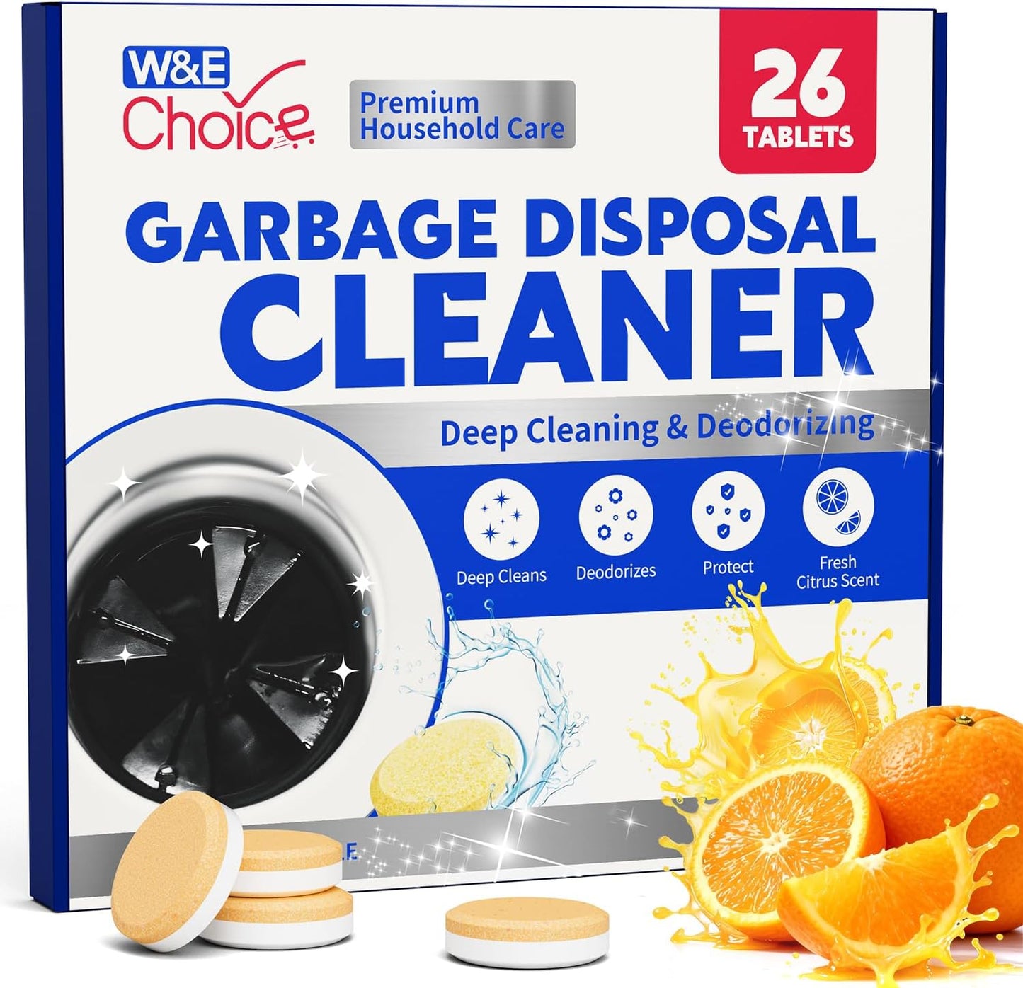 W&E Choice Garbage Disposal Cleaner and Deodorizer Tablets - 26 Pack, Powerful XXL Foaming Tablets, Citrus Scent Sink Cleaner and Deodorizer, Septic Safe Kitchen Drain Care, 1-Year Supply