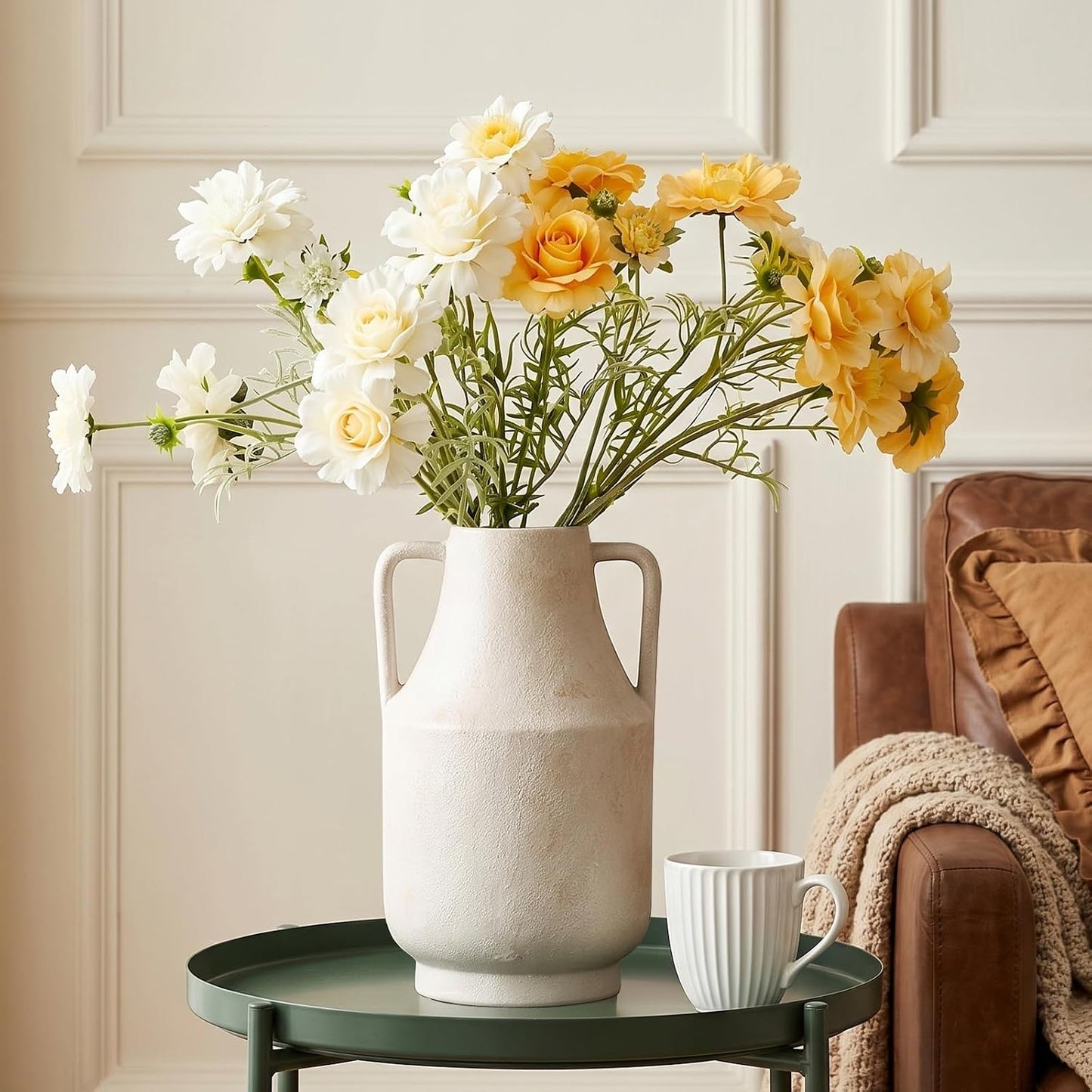 CUCUMI Ceramic Vase Set of 5, Home Decor Farmhouse Décor Handmade Pottery Vases for Pampas Grass, Dried Fresh Flowers, Table, Living Room, Kitchen, Shelf, Entryway Mantel Neutral Tones