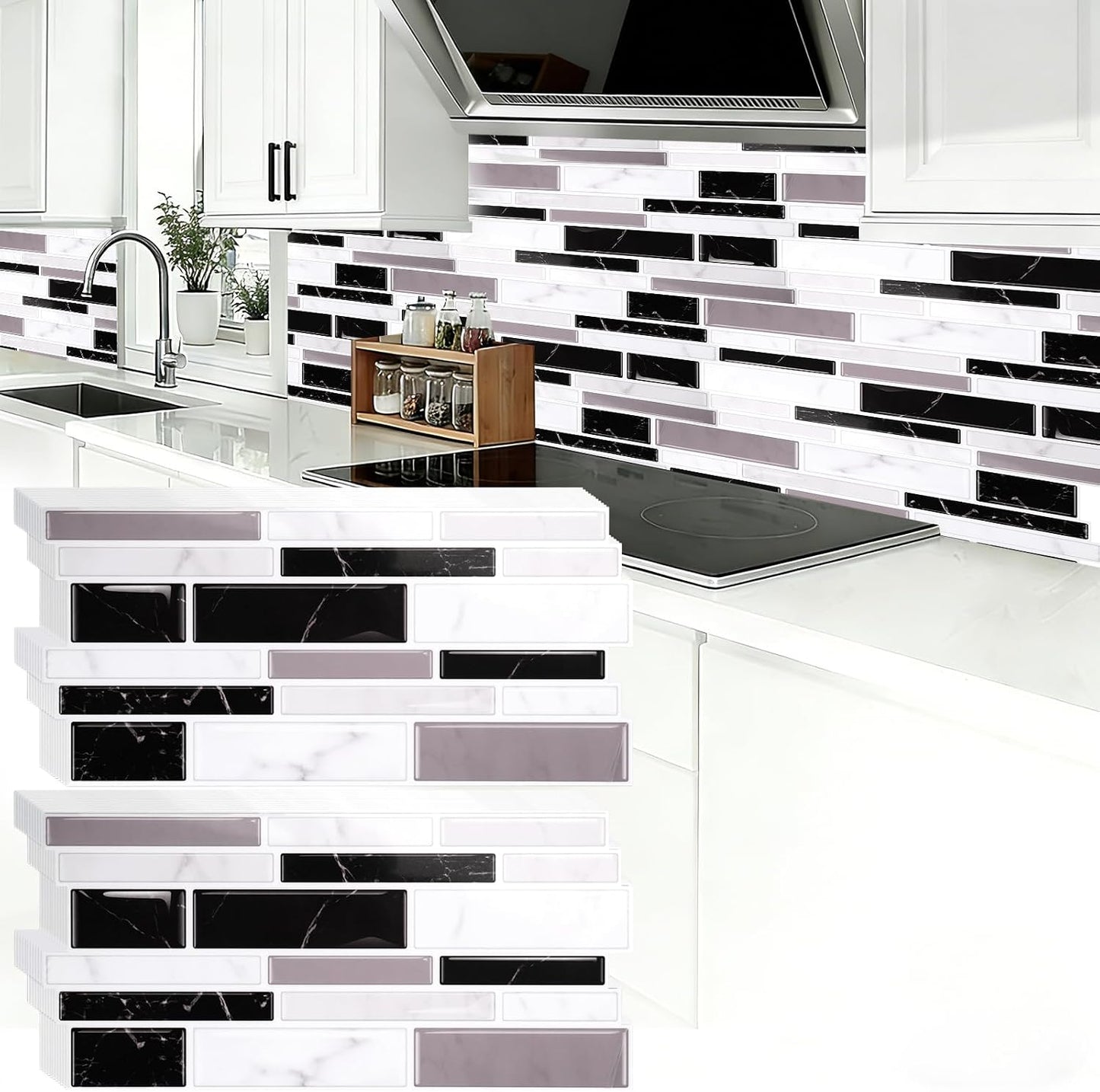 24 Sheet Peel and Stick Tile Backsplash Sticks for Kitchen 10"x 5" Back Splashes Self Adhesive Waterproof Tile Wall Paper for Bathroom Kitchen Backsplash, RV, Fireplace, Black/White Marble Look